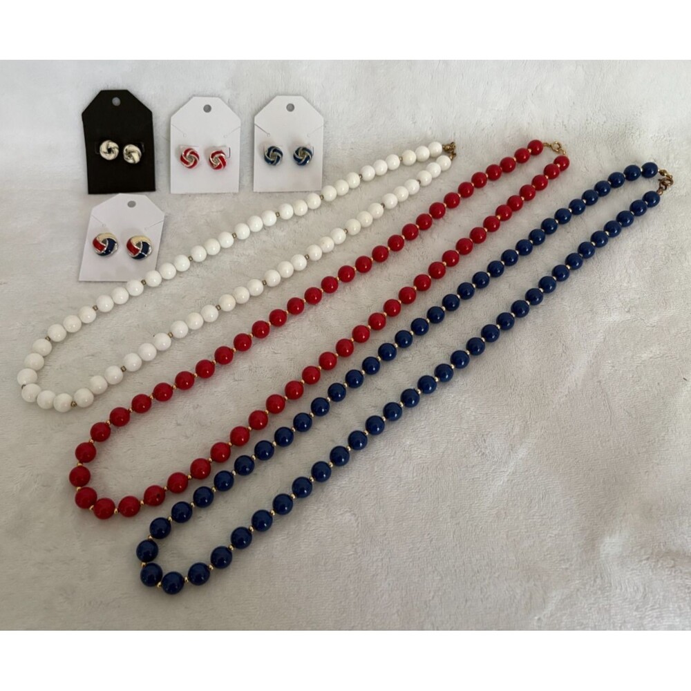 Vtg PATRIOTIC LUCITE Red, White, & Blue Beaded Necklaces & Earring Jewelry